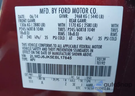 2014 Lincoln Mkx from USA, damaged, VIN 2LMDJ6JK5EBL17845